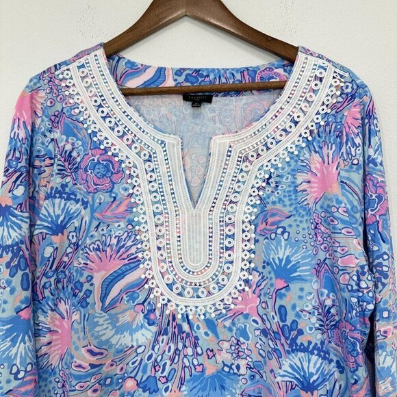 Talbots Bright Flowing Floral Lace Trim Tunic Beachy Casual Colorful Size 1X - Picture 8 of 9